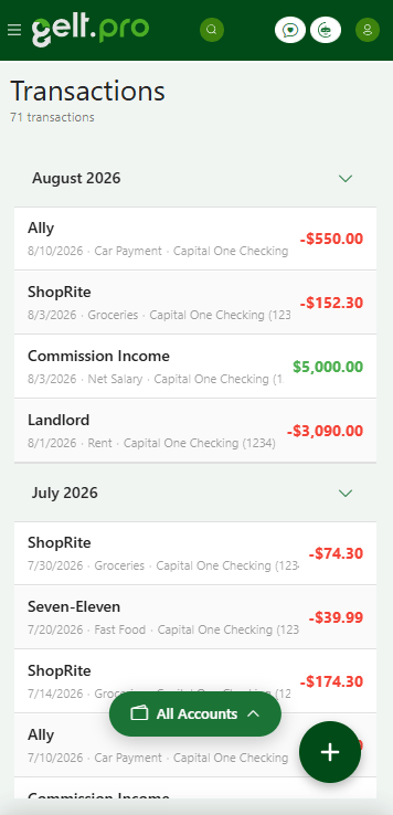 Gelt.Pro mobile transaction list organized by month
