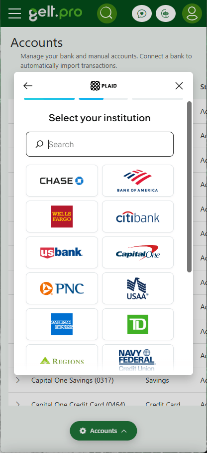 Gelt.Pro institution selection screen for connecting a bank