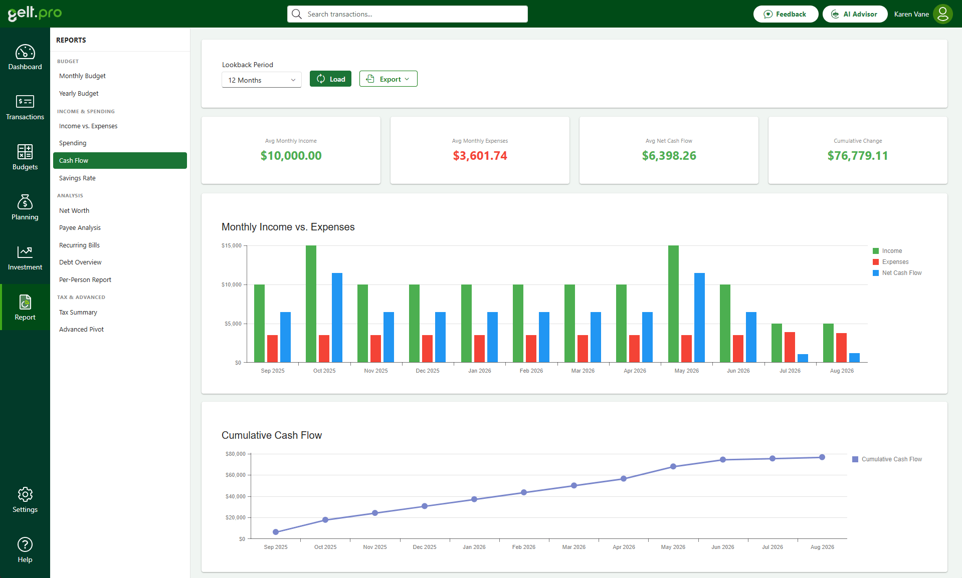 Gelt.Pro cash flow report with monthly and cumulative charts